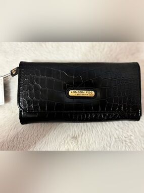 London Fog Black Croc-Embossed Clutch with Gold Logo Plaque